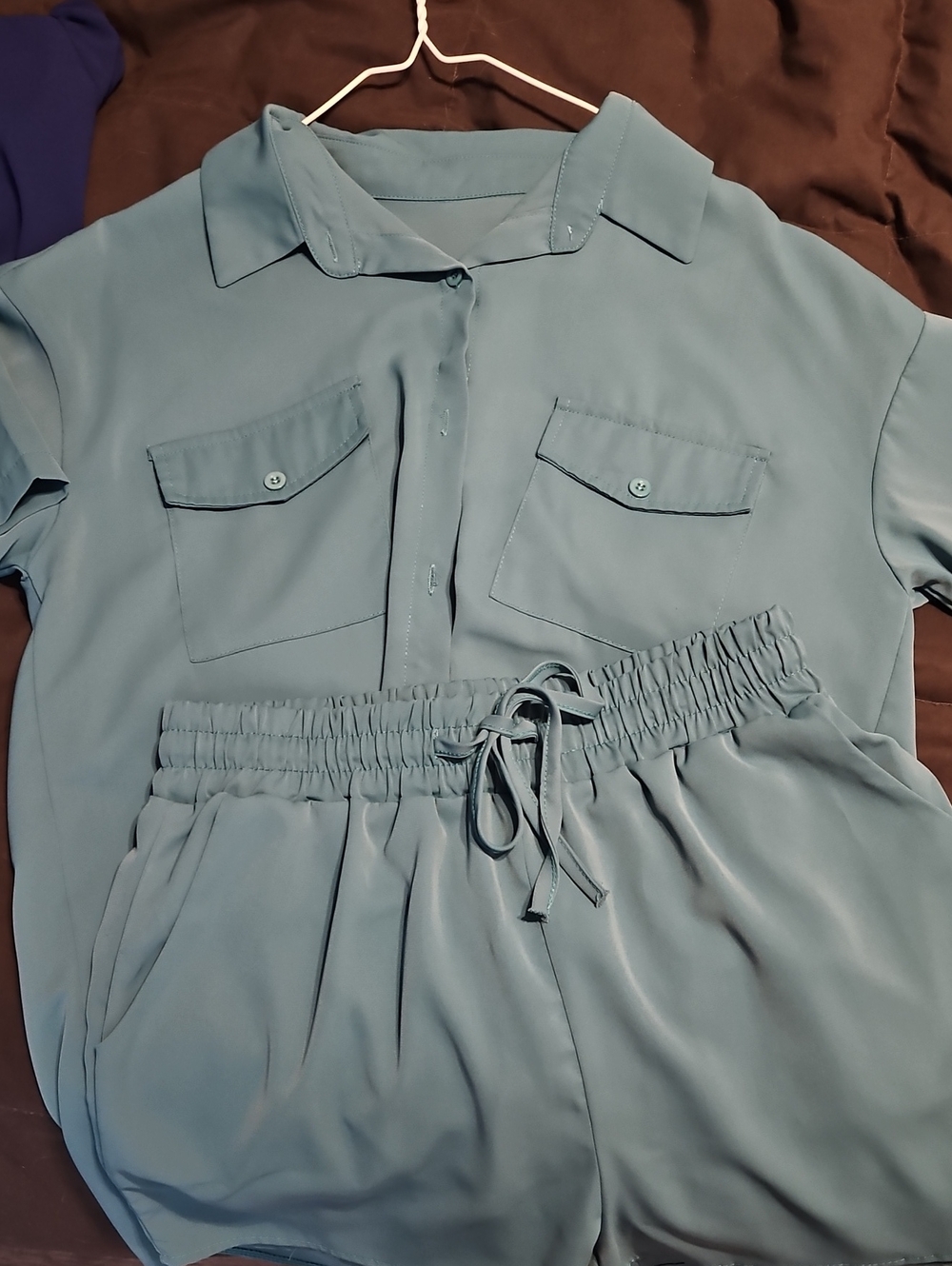 Casual Light Teal Drawstring Romper with Utility Pockets Sz M